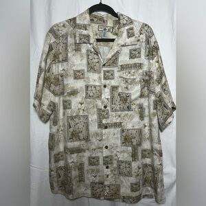 Caribbean Joe Men's Hawaiian Beige w/Green button up Shirt